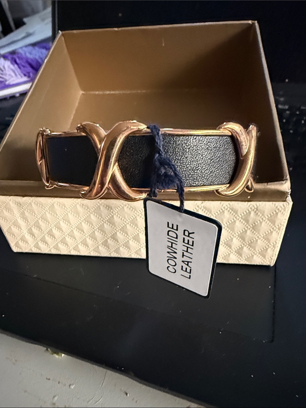 Milor Black Leather Gold cuff bracelet